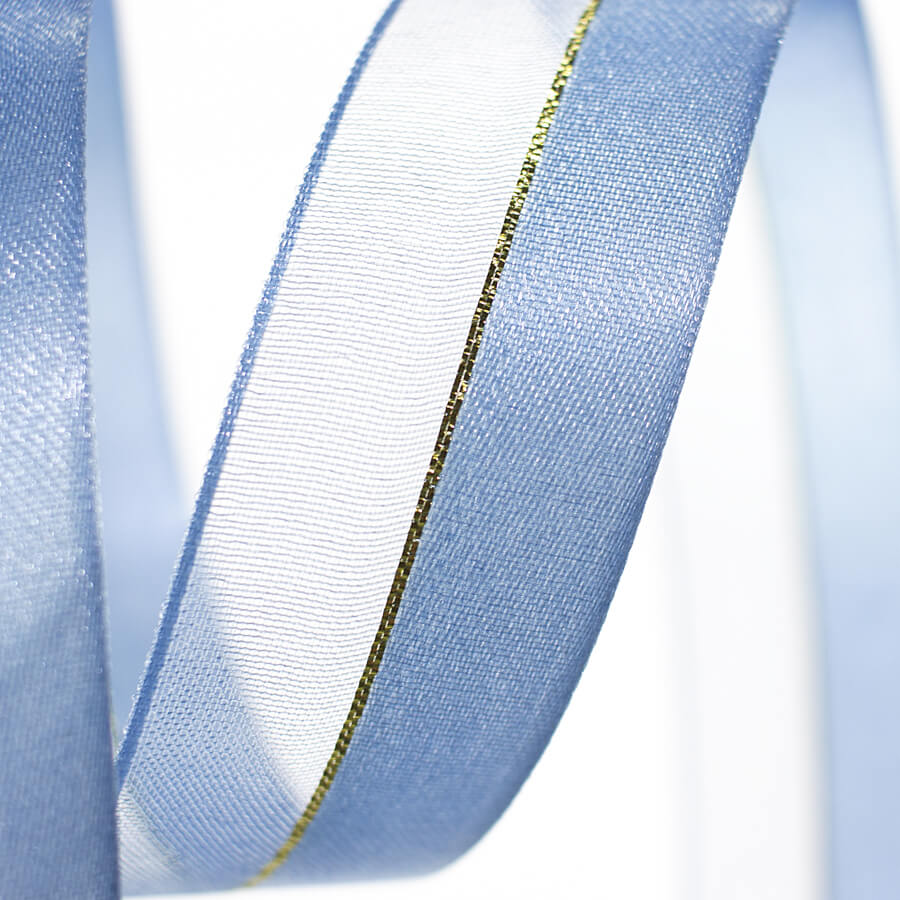 122 sky_gold Fita de cetim organza azul com linha central dourada