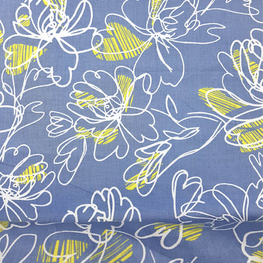 Tecido tricoline fio 40 azul estampado com desenho de flores com linhas brancas e riscos amarelos Tecido tricoline fio 40 azul estampado com desenho de flores com linhas brancas e riscos amarelos
